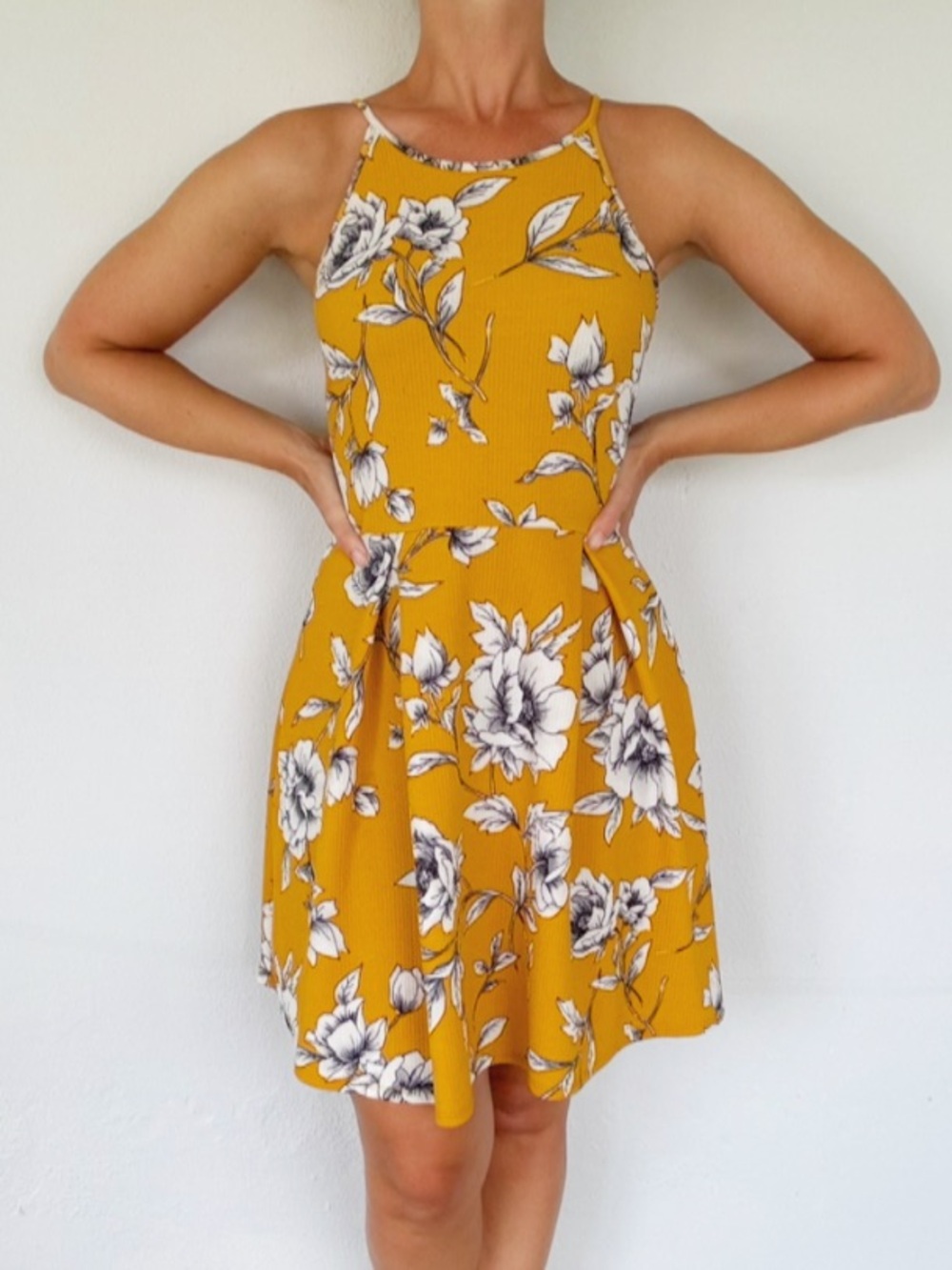 Soprano golden yellow white floral spaghetti strap skater dress size large